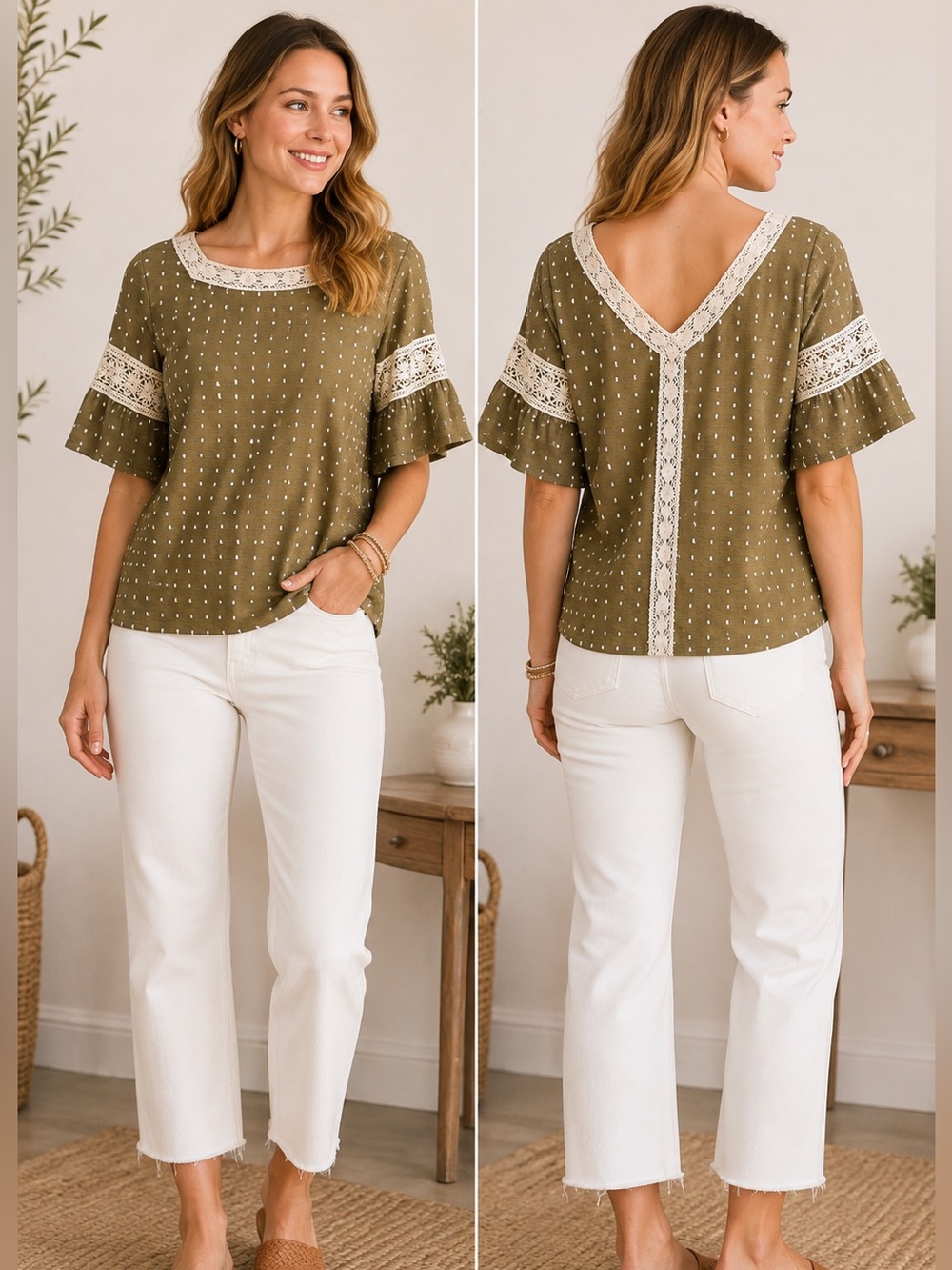 Anthropologie Maeve Venesia Textured Lace Top Olive Green Swiss Dot Size 1X